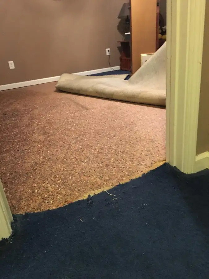Carpet pad removal revealing water damage during Drying & Dehumidification in Lonsdale